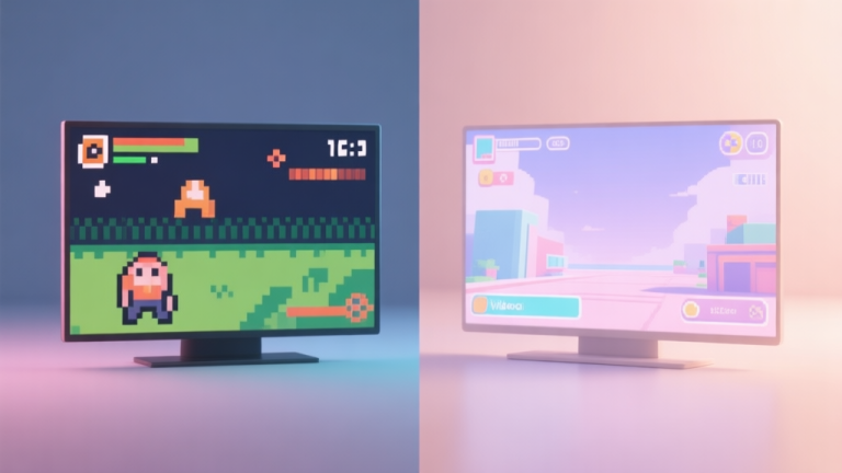 自动生成图片: Side-by-side comparison of two distinct video game screens, one with retro pixel art style and one with modern 3D graphics, soft lighting, pastel color palette, clean and minimalist composition high quality illustration, detailed, 16:9