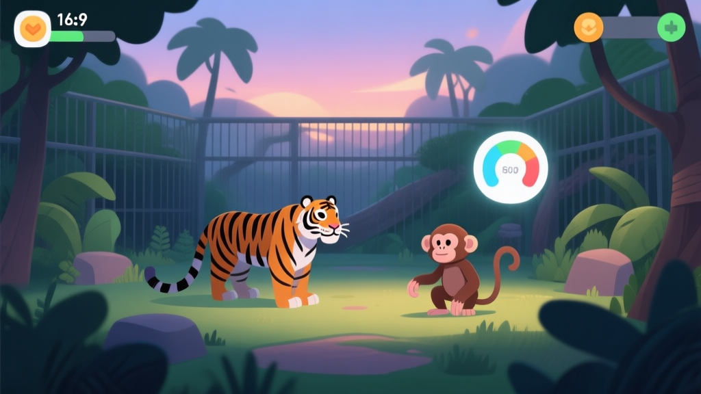 A serene digital illustration of a virtual zoo habitat at dusk, showing a tiger and monkeys in a lush enclosure with soft lighting, clean UI elements like a happiness meter floating nearby, minimalist game design style high quality illustration, detailed, 16:9