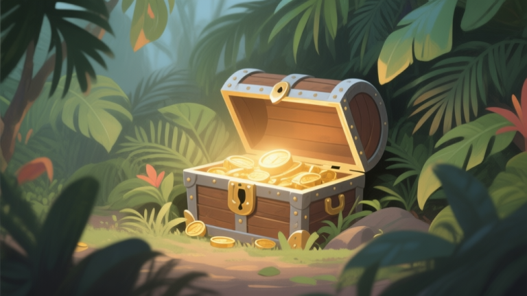 自动生成图片: A cozy, inviting digital illustration of a treasure chest half-buried in lush Indonesian tropical foliage, soft glowing light emanating from within, muted earth tones and soft greens, painterly style high quality illustration, detailed, 16:9