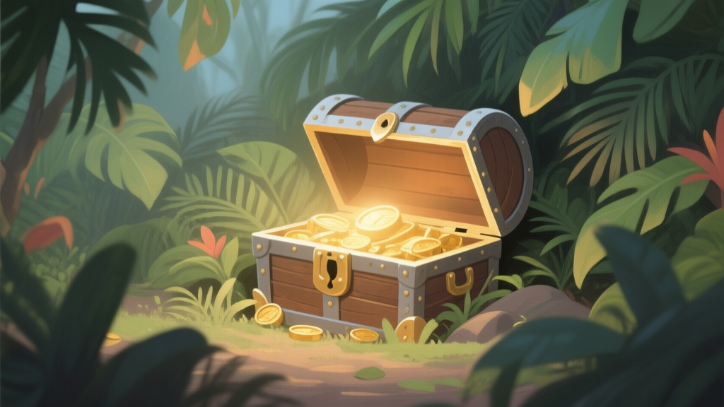 A cozy, inviting digital illustration of a treasure chest half-buried in lush Indonesian tropical foliage, soft glowing light emanating from within, muted earth tones and soft greens, painterly style high quality illustration, detailed, 16:9