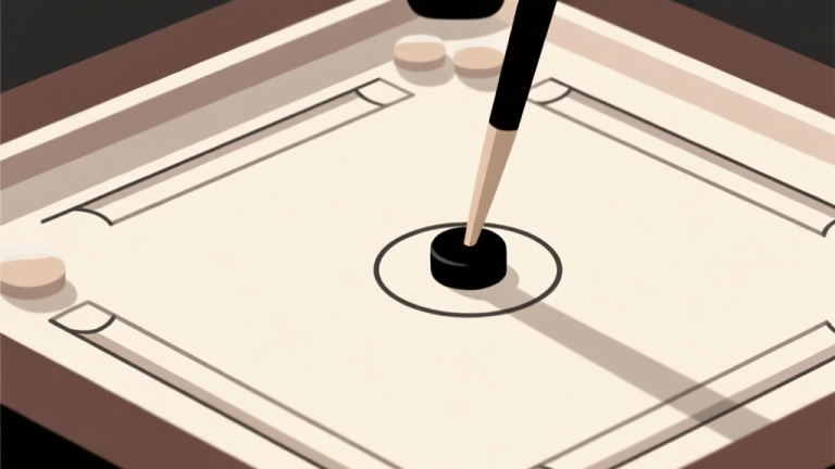 自动生成图片: A top-down, minimalist illustration of a Carrom board. The striker is perfectly aligned with a central black piece, showing ideal positioning. Soft shadows, clean lines, and a focused composition on the geometric relationship between pieces. high quality illustration, detailed, 16:9