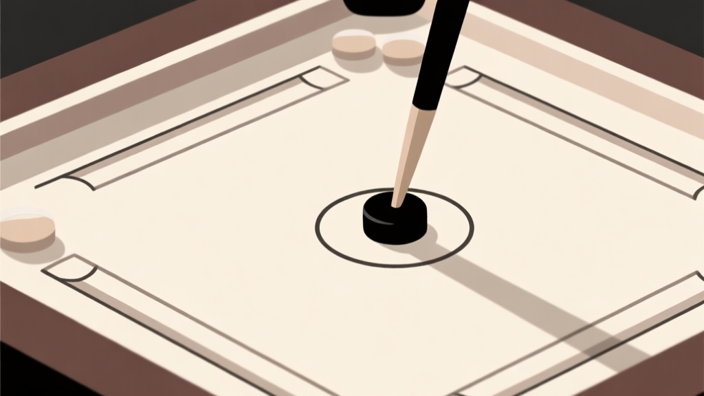 A top-down, minimalist illustration of a Carrom board. The striker is perfectly aligned with a central black piece, showing ideal positioning. Soft shadows, clean lines, and a focused composition on the geometric relationship between pieces. high quality illustration, detailed, 16:9