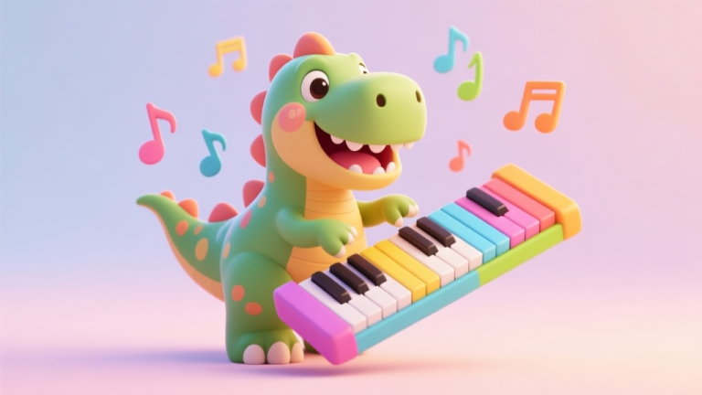 自动生成图片: A vibrant and playful 3D render of a cartoon dinosaur happily playing a colorful piano keyboard, with musical notes floating in the air, soft pastel background, cute and inviting game art style high quality illustration, detailed, 16:9
