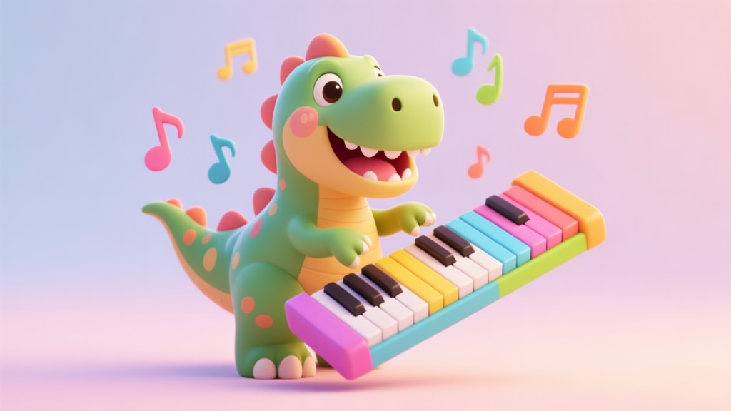 A vibrant and playful 3D render of a cartoon dinosaur happily playing a colorful piano keyboard, with musical notes floating in the air, soft pastel background, cute and inviting game art style high quality illustration, detailed, 16:9