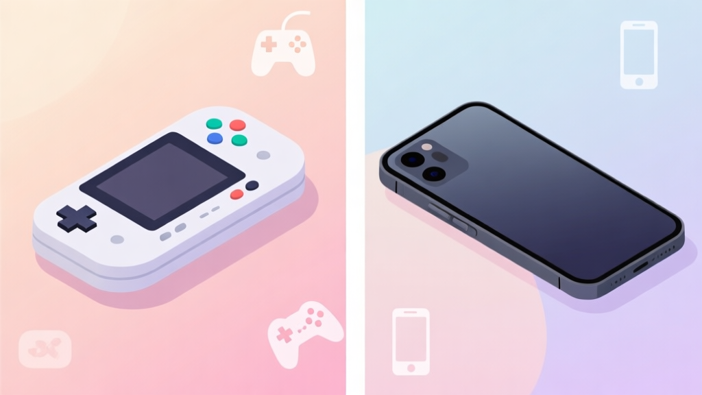Split-screen illustration showing a minimalist handheld console on the left and a sleek smartphone on the right, placed on a soft gradient background with subtle gaming icons like joystick and mobile symbols, clean and modern design, pastel color palette high quality illustration, detailed, 16:9