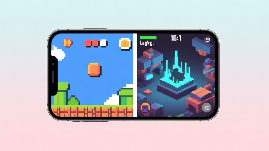 A split-screen smartphone display showing a vibrant, simple pixel-art game on one side and a complex, heavy 3D game lagging on the other, soft pastel background, clean modern illustration high quality illustration, detailed, 16:9