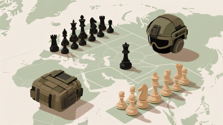 自动生成图片: Abstract composition of chess pieces and modern tactical gear on a minimalist map, soft neutral color palette with muted greens and browns, clean lines, top-down perspective, conveying strategy and planning high quality illustration, detailed, 16:9