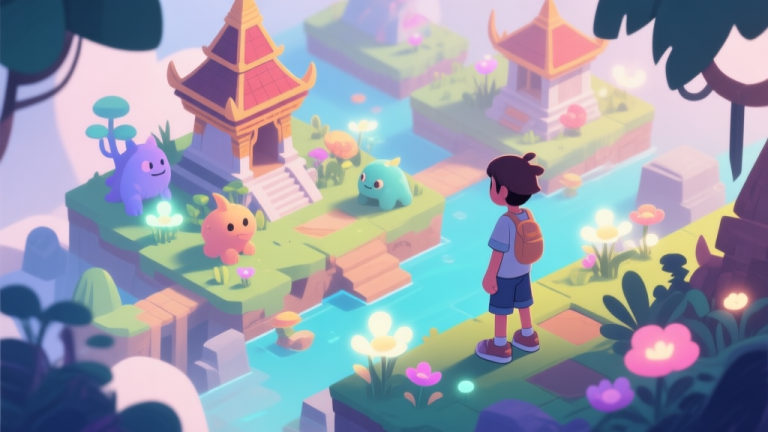 自动生成图片: A vibrant, stylized isometric view of a fantastical Indonesian-inspired game landscape with unique creatures, soft glowing flora, and a character in casual attire observing the scene, rendered in a soft color palette with a modern illustrative feel high quality illustration, detailed, 16:9
