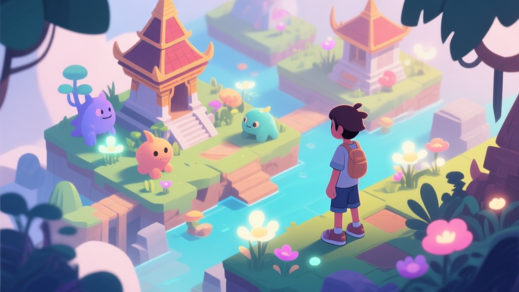 A vibrant, stylized isometric view of a fantastical Indonesian-inspired game landscape with unique creatures, soft glowing flora, and a character in casual attire observing the scene, rendered in a soft color palette with a modern illustrative feel high quality illustration, detailed, 16:9