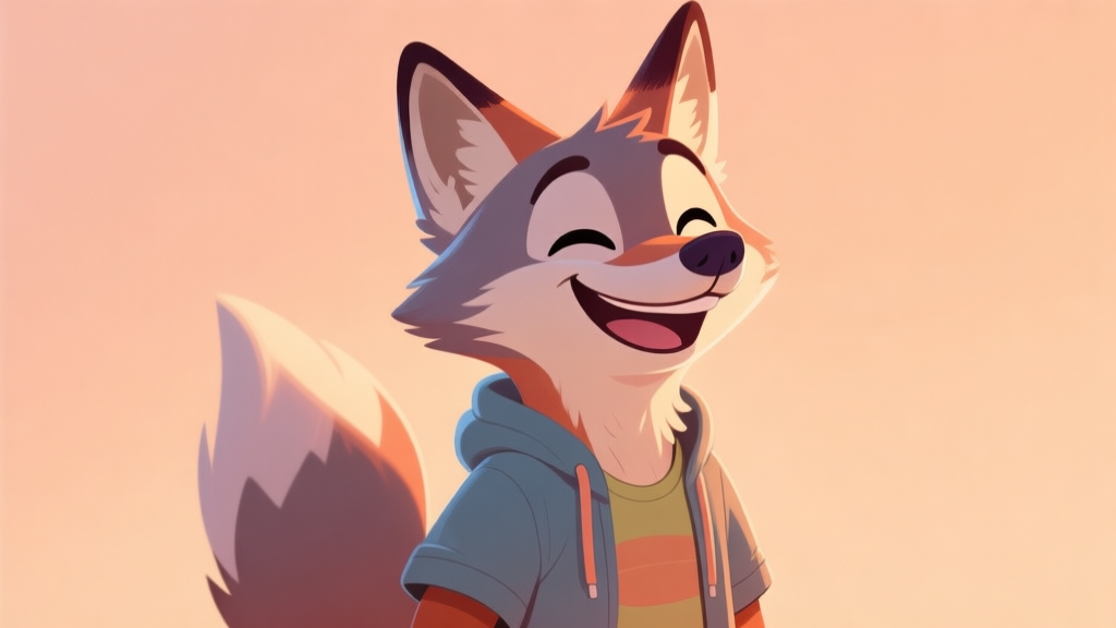 A friendly, stylized illustration of an anthropomorphic animal character, like a fox or a wolf, wearing casual clothes and smiling, in a warm and inviting color palette, digital art style high quality illustration, detailed, 16:9