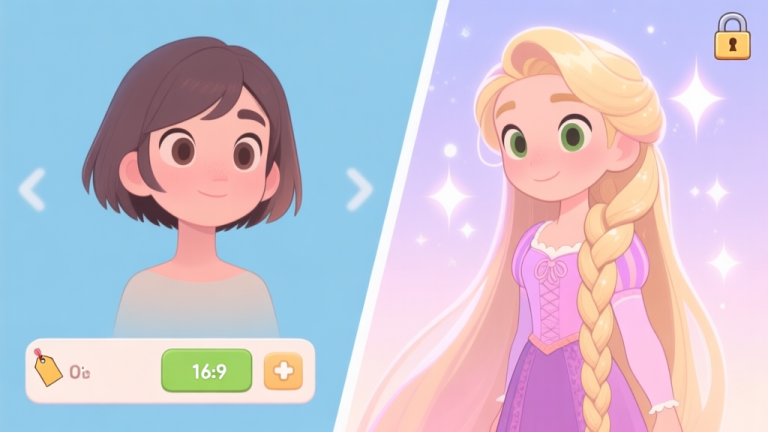 自动生成图片: A split-screen illustration showing a game character with default short hair on the left, and the same character with a long, flowing Rapunzel-style braid on the right. Soft pastel colors, magical sparkle effects, minimalist UI elements showing a price tag and a lock icon, digital art style high quality illustration, detailed, 16:9