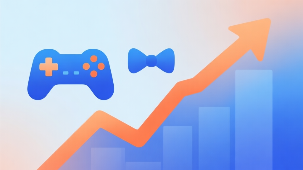 A modern abstract illustration showing a rising trend line merging with a stylized game controller and a bow icon, using a soft gradient of blue and orange, clean and professional data visualization style high quality illustration, detailed, 16:9