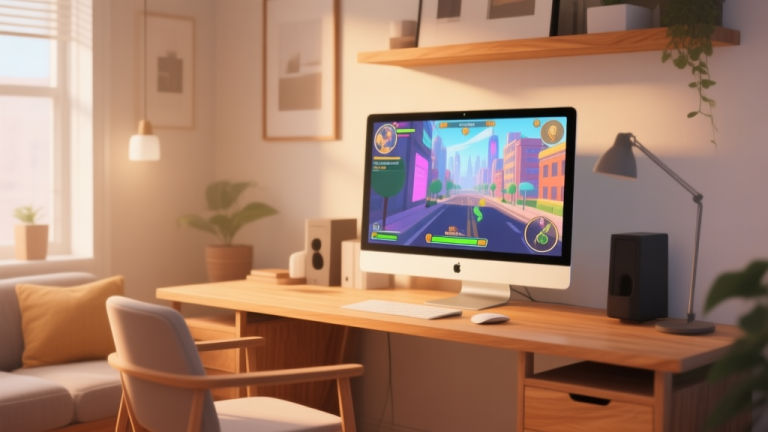 自动生成图片: A cozy, well-lit home office setup with a modern PC monitor displaying a vibrant city simulation game, soft natural lighting, warm wood tones, and minimalist decor, evoking a sense of comfortable immersion high quality illustration, detailed, 16:9