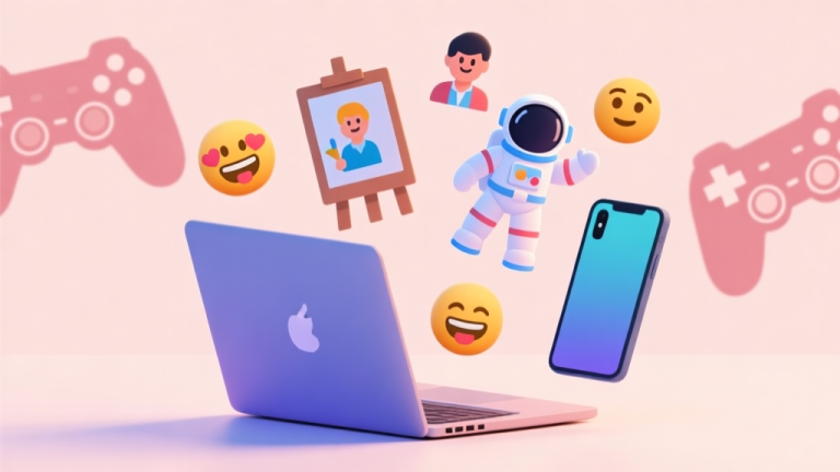 自动生成图片: A vibrant yet soft-toned digital collage showing various person emojis like technologist, artist, and astronaut floating above a laptop and a mobile phone, with subtle game controller silhouettes in the background, minimalist illustration style high quality illustration, detailed, 16:9