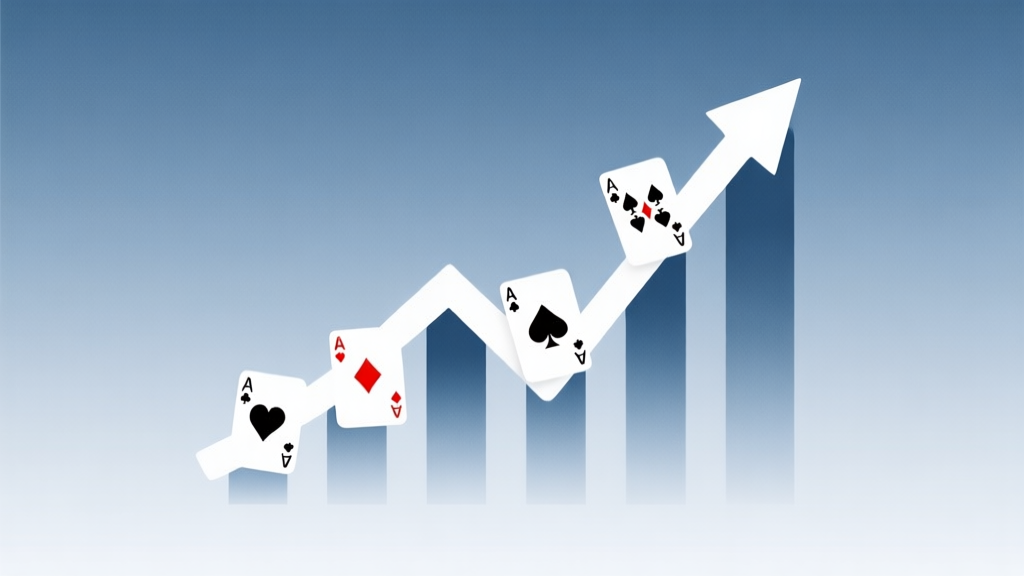 A minimalist abstract illustration showing a rising trend line graph merging with playing card symbols like Aces and face cards, on a soft gradient background of muted blue and grey, clean and professional business infographic style high quality illustration, detailed, 16:9