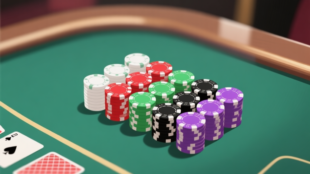 A top-down view of a professional poker table with neatly arranged stacks of colorful chips in standard casino colors (white, red, green, black, purple), soft focused background, clean and elegant composition high quality illustration, detailed, 16:9