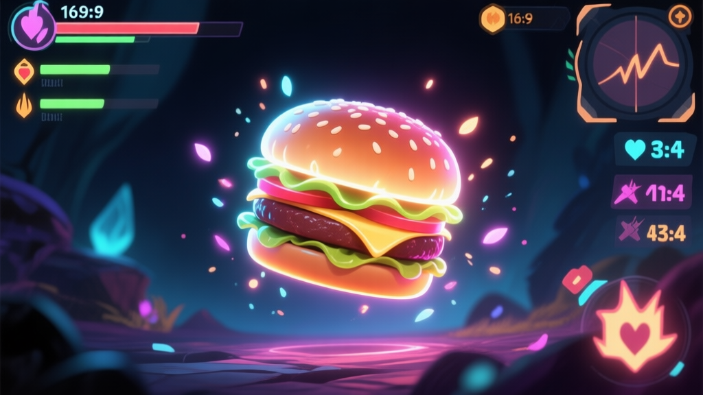 A stylized, glowing burger floating in a fantasy game scene, surrounded by magical particles and UI elements like health bars and damage numbers, soft neon glow on a dark background, digital art style high quality illustration, detailed, 16:9