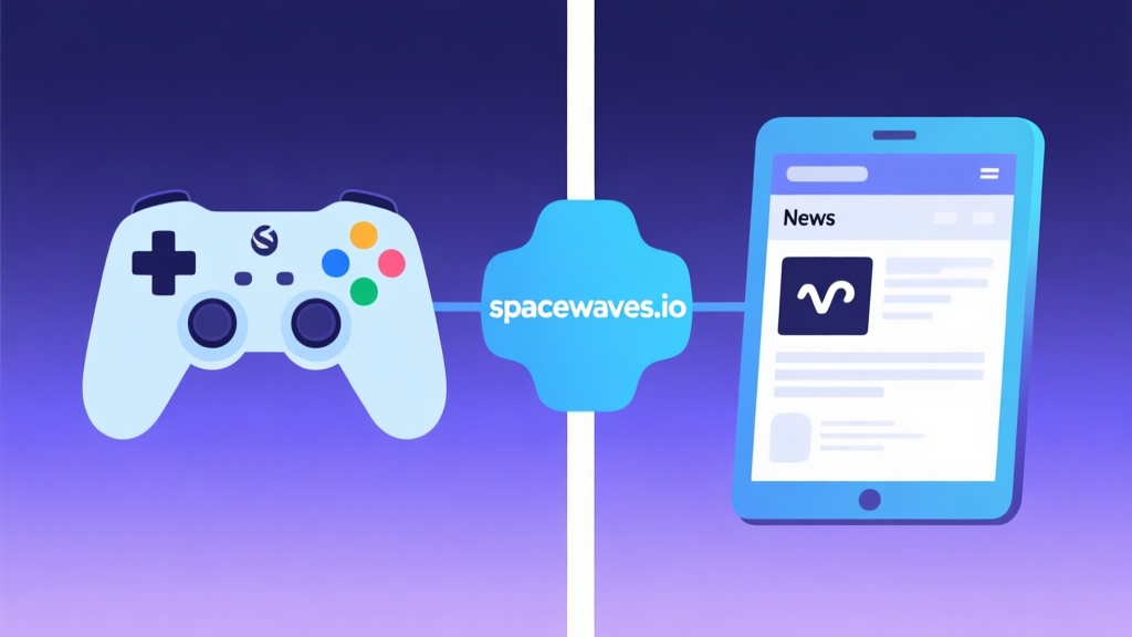 A split-screen illustration showing a game controller on one side and a news feed on a digital screen on the other, connected by a central hub with the text 'spacewaves.io', using a soft gradient of blue and purple, minimalist and clean design high quality illustration, detailed, 16:9