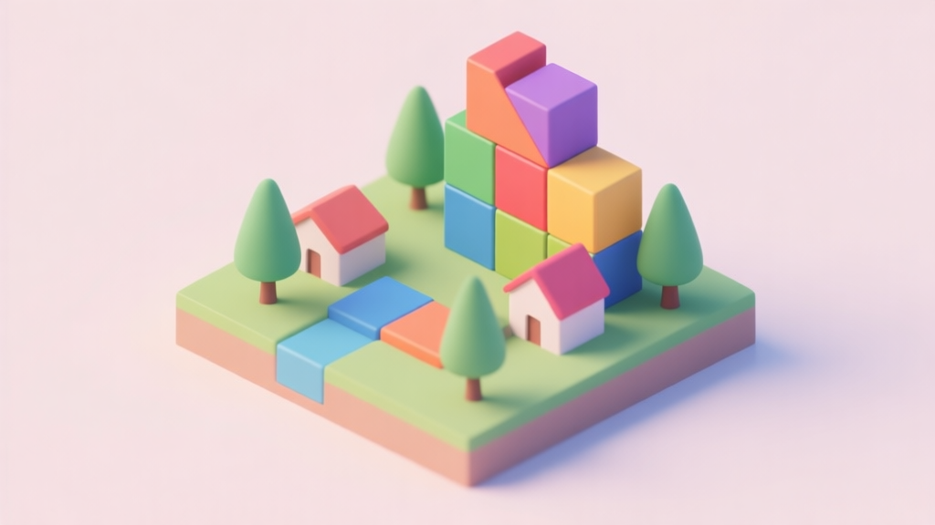 A minimalist isometric illustration of colorful Tetris blocks (tetrominoes) forming a small landscape like trees and houses, on a soft pastel background, clean digital art style, concept of creation and building high quality illustration, detailed, 16:9