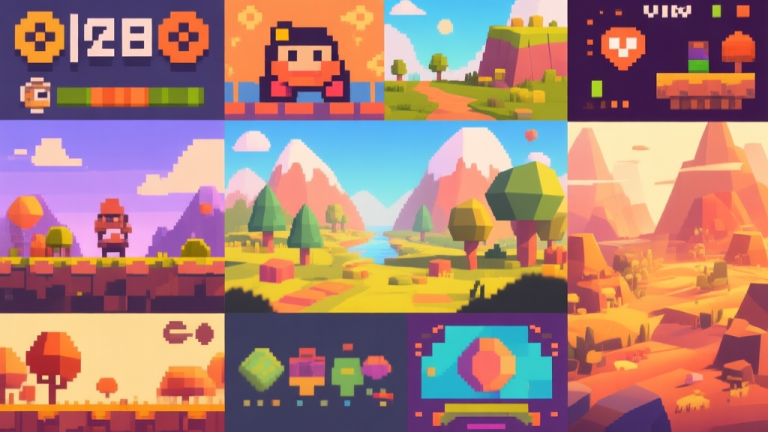 自动生成图片: A vibrant collage of diverse video game art styles blending together, pixel art next to hand-painted landscapes and 3D low-poly scenes, warm and inviting color palette, representing the creativity of indie games high quality illustration, detailed, 16:9