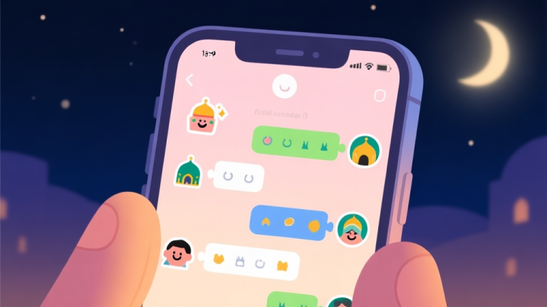 自动生成图片: A cozy, warm illustration of a smartphone screen at night, showing a cheerful chat group interface with Ramadan-themed stickers and simple puzzle graphics, soft glow, pastel colors, minimalist digital art style high quality illustration, detailed, 16:9