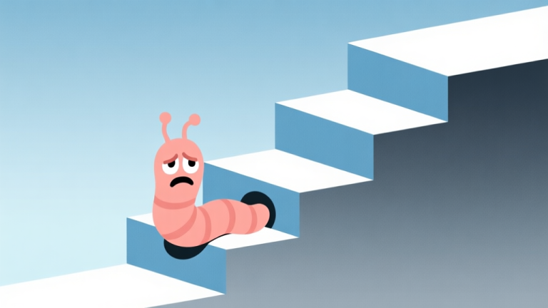 自动生成图片: Abstract illustration of a video game ranking ladder with a worm character stuck on a lower step, soft gradient background in muted blues and greys, clean minimalist design, conveying frustration and progression high quality illustration, detailed, 16:9