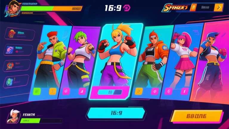 自动生成图片: Dynamic and colorful video game character selection screen for a fighting game, showcasing diverse avatars with unique outfits and poses, vibrant UI elements, energetic and modern esports style high quality illustration, detailed, 16:9