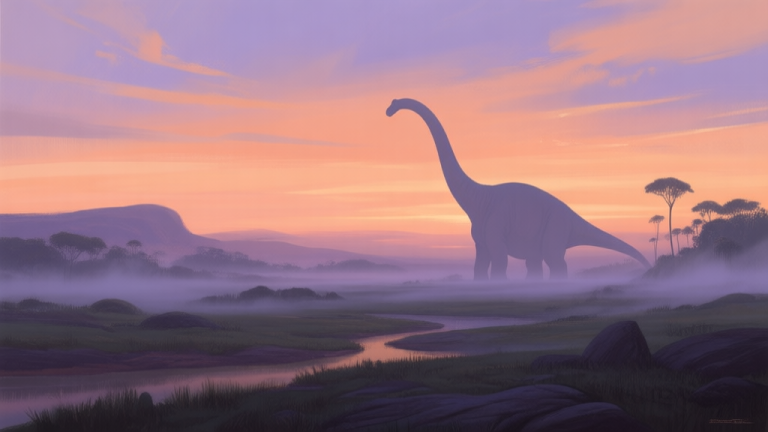 自动生成图片: A serene prehistoric landscape at dusk with a distant silhouette of a gentle brachiosaurus, soft mist, pastel orange and purple sky, digital painting style, calm and majestic atmosphere high quality illustration, detailed, 16:9