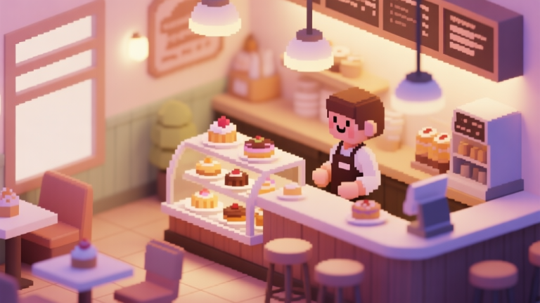 自动生成图片: A cozy, inviting virtual cafe interior with soft lighting, a counter displaying pixel-art pastries, and a friendly avatar barista, rendered in a warm, gentle color palette with a slight isometric perspective, digital illustration style high quality illustration, detailed, 16:9