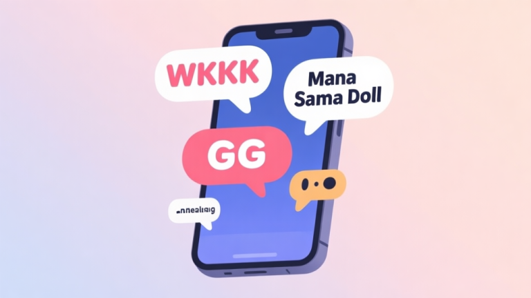 自动生成图片: A playful and modern digital illustration showing speech bubbles with Indonesian gaming slang phrases like "WKWK", "GG", and "Mana Sama Doll" popping up from a smartphone screen, on a soft pastel background, clean and minimalist style high quality illustration, detailed, 16:9