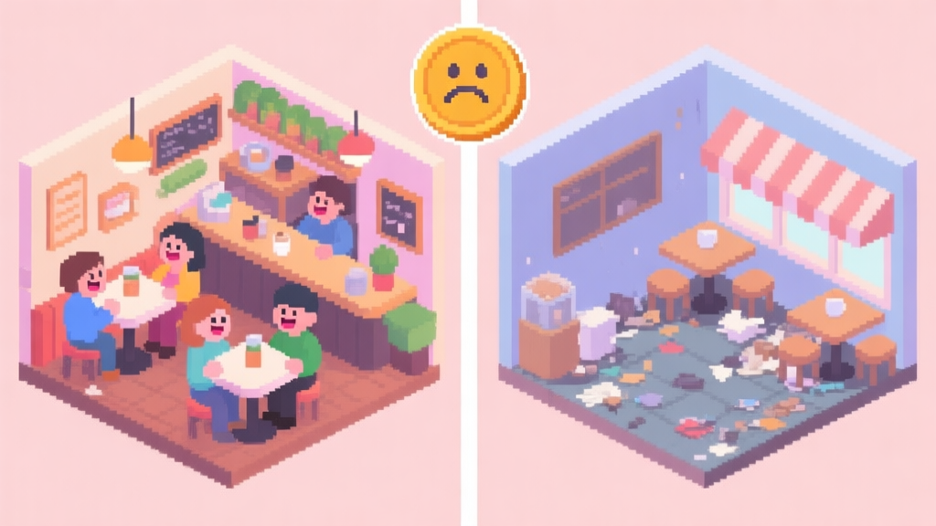 A split-screen illustration showing a thriving, cozy pixel-art cafe on one side with happy customers, and a disorganized, empty cafe on the other with a sad face coin icon above it, soft pastel color palette, isometric view, digital art style high quality illustration, detailed, 16:9