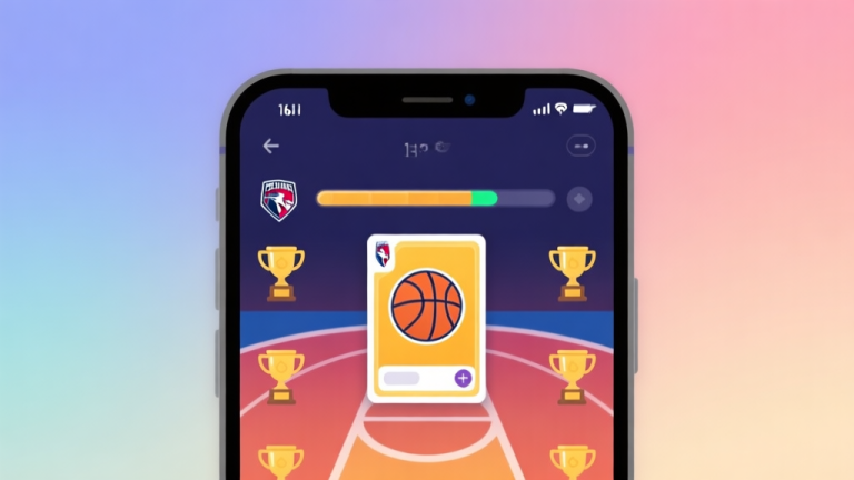 自动生成图片: A minimalist digital illustration of a smartphone screen showing a vibrant basketball card collection interface, with subtle trophy icons and progress bars, soft gradient background in team colors, clean and modern gaming aesthetic high quality illustration, detailed, 16:9