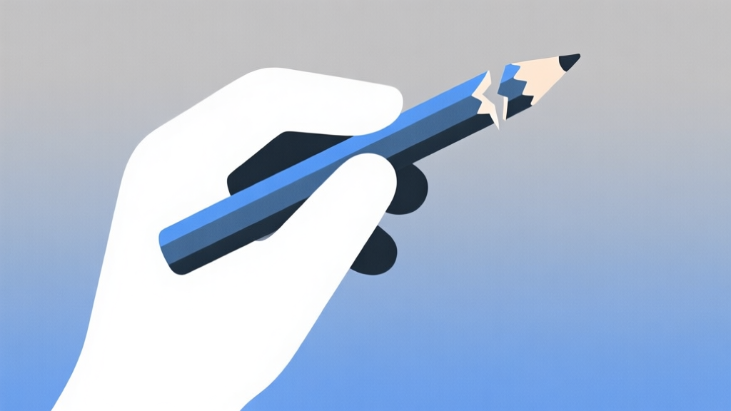 Abstract illustration of a hand holding a pencil with a broken tip, against a soft grey and blue gradient background, symbolizing dishonesty in a creative game, minimalist style, clean lines high quality illustration, detailed, 16:9