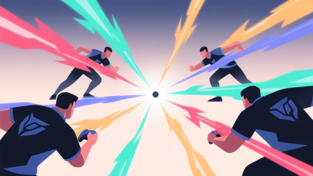 Abstract illustration of synchronized team attack in a video game, showing multiple colored energy streams converging on a single point, minimalist design with soft gradient background, professional esports concept high quality illustration, detailed, 16:9