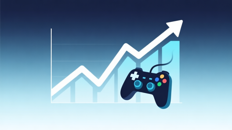自动生成图片: Abstract illustration of a rising trend line graph merging with game controller elements, soft gradient background in cool tones, minimalist design, professional data visualization style high quality illustration, detailed, 16:9