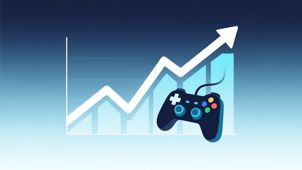 Abstract illustration of a rising trend line graph merging with game controller elements, soft gradient background in cool tones, minimalist design, professional data visualization style high quality illustration, detailed, 16:9