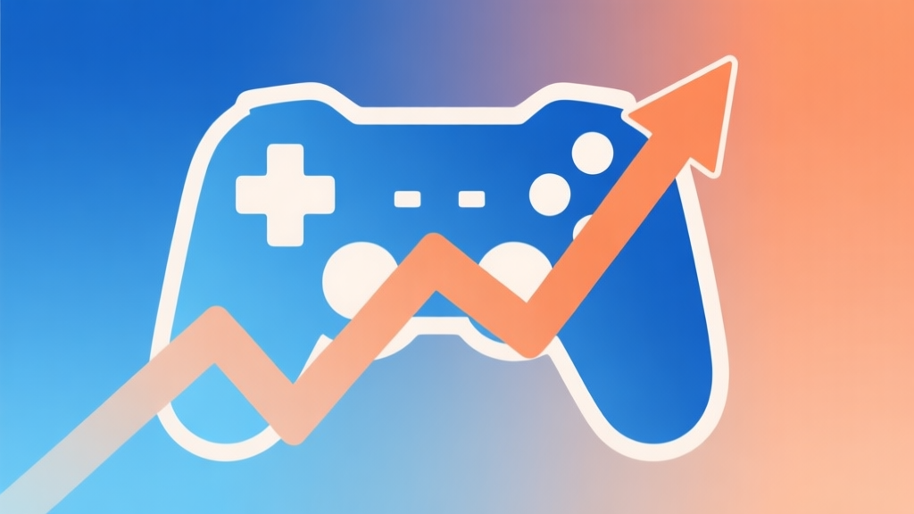 A minimalist abstract illustration showing a rising trend line merging with a game controller silhouette, soft gradient background of blue and orange, clean modern design for technology and growth concept high quality illustration, detailed, 16:9
