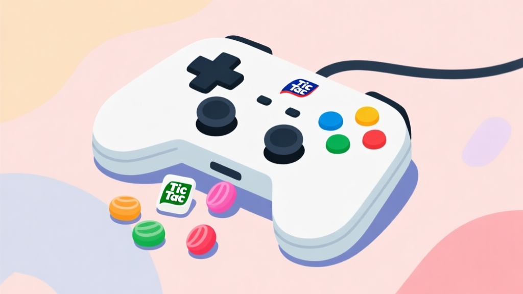 A minimalist, clean illustration of a game controller with a few colorful Tic Tac candies spilling out from its buttons, set on a soft pastel background, abstract and playful style high quality illustration, detailed, 16:9