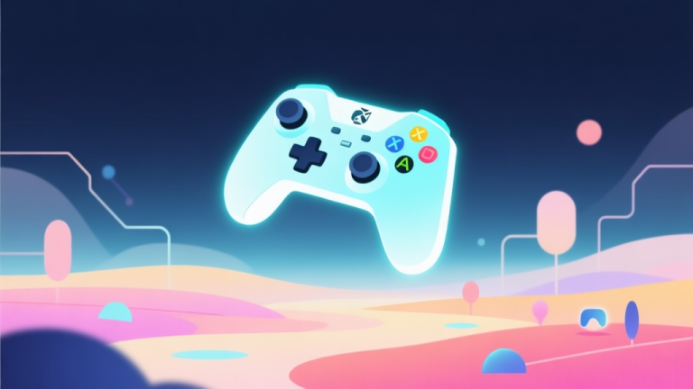 自动生成图片: A modern, minimalist illustration of a glowing game controller hovering above a vibrant yet soft-colored digital landscape, with subtle abstract shapes representing connectivity and play, in a clean and professional style high quality illustration, detailed, 16:9