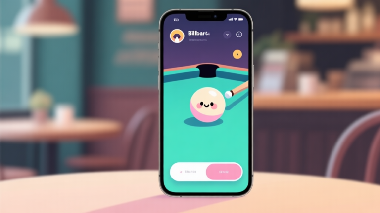 自动生成图片: A modern smartphone screen showing a vibrant, minimalist billiards game interface with a cute cartoon cue ball, soft pastel colors, clean shadows, and a simple user interface, set against a blurred cafe background high quality illustration, detailed, 16:9
