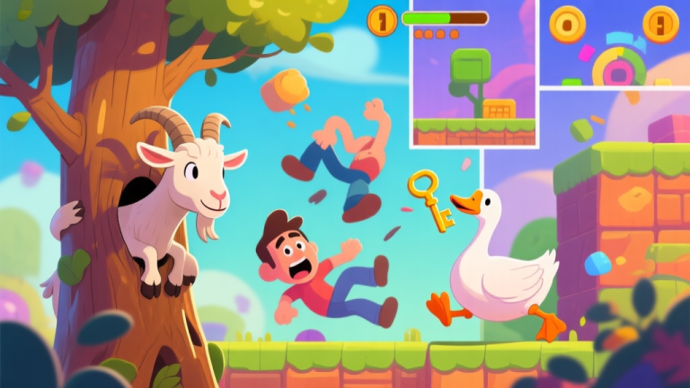 自动生成图片: A vibrant, playful collage of chaotic game scenes: a goat stuck in a tree, a wobbly human character falling, a goose stealing a key, all in a cartoonish, colorful style with soft lighting, representing absurd gameplay high quality illustration, detailed, 16:9