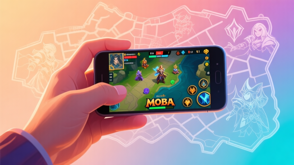 A vibrant digital collage showing a hand holding a smartphone with a popular MOBA game on screen, overlapped with faint outlines of strategy game maps and RPG character art, on a soft gradient background of warm and cool tones, modern and dynamic composition high quality illustration, detailed, 16:9