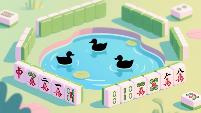 自动生成图片: A vibrant and playful digital illustration of mahjong tiles arranged around a stylized, serene pond with a few duck silhouettes, in a cartoonish and inviting style, soft pastel colors, clean lines high quality illustration, detailed, 16:9