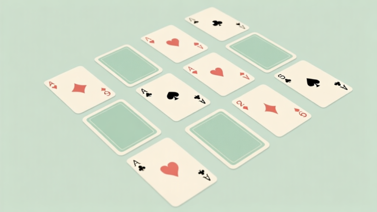 自动生成图片: A minimalist, clean layout of playing cards in soft pastel colors (light green and cream) arranged in a non-standard tableau pattern, suggesting a unique card game setup, top-down view, professional and calm aesthetic high quality illustration, detailed, 16:9