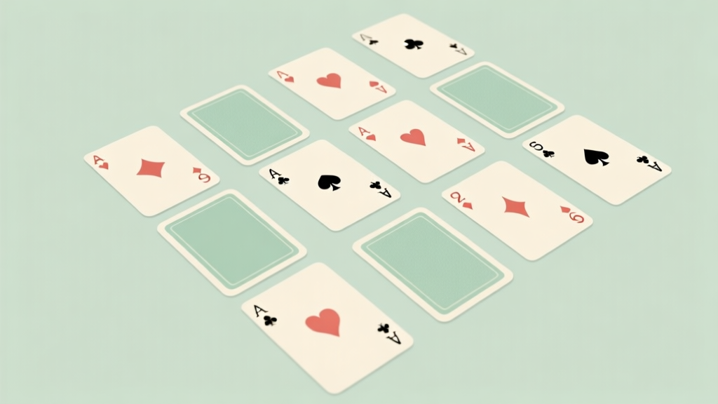 A minimalist, clean layout of playing cards in soft pastel colors (light green and cream) arranged in a non-standard tableau pattern, suggesting a unique card game setup, top-down view, professional and calm aesthetic high quality illustration, detailed, 16:9