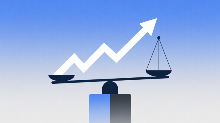 自动生成图片: Abstract illustration of a scale balancing a trending upward arrow against a solid foundational pillar, soft gradient background of blue and grey, clean and modern minimalist design, representing trend vs stability high quality illustration, detailed, 16:9