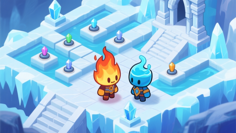 自动生成图片: Two stylized game characters, one made of fire and one of water, standing before a complex icy temple puzzle with sliding platforms and crystal switches, isometric view, cool color palette with blue and white, soft lighting, digital art style high quality illustration, detailed, 16:9