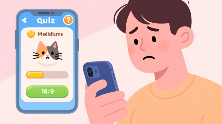 自动生成图片: A person looking at a smartphone with a puzzled expression, a cat quiz game interface visible on the screen showing a medium score, soft pastel background, clean and relatable illustration style high quality illustration, detailed, 16:9