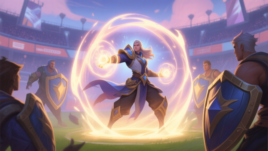 A dynamic, stylized illustration of a fantasy support character in a mobile game, casting a glowing area-of-effect spell that envelops allies in shields and healing light, against a backdrop of a competitive arena, soft magical color palette, digital painting style high quality illustration, detailed, 16:9