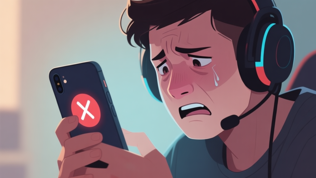 A frustrated gamer looking at a smartphone screen displaying a connection error symbol, soft lighting, muted colors, digital art style with a focus on the emotional expression high quality illustration, detailed, 16:9